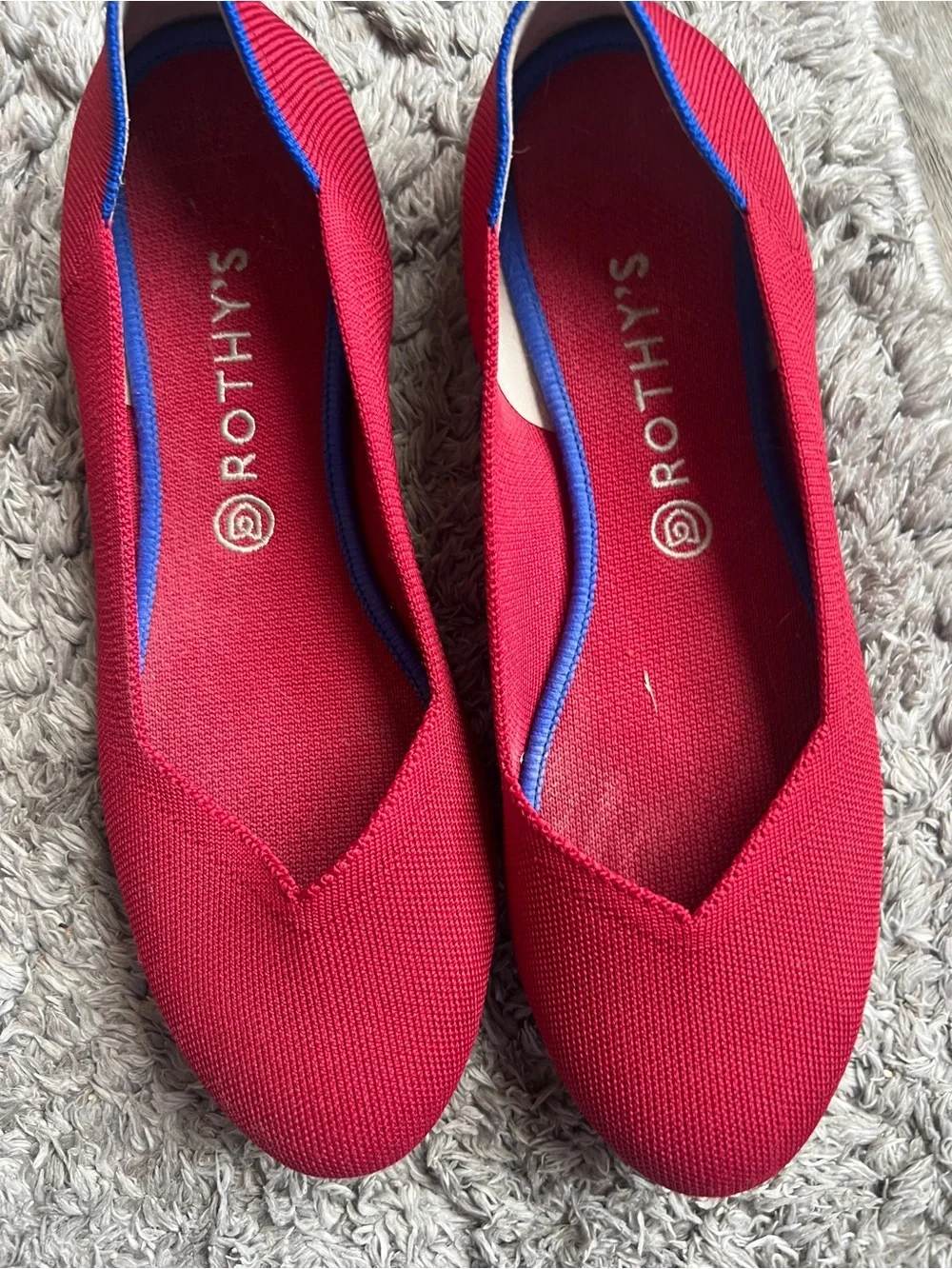 Rothy's Red Knit Pointed Ballet Flats with Blue Trim